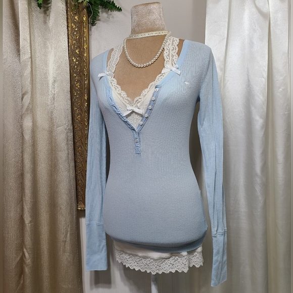 ♡ Y2K ♡ Abercrombie & Fitch Baby Blue Button Down Henley Babydoll Top - Picture 3 of 12
